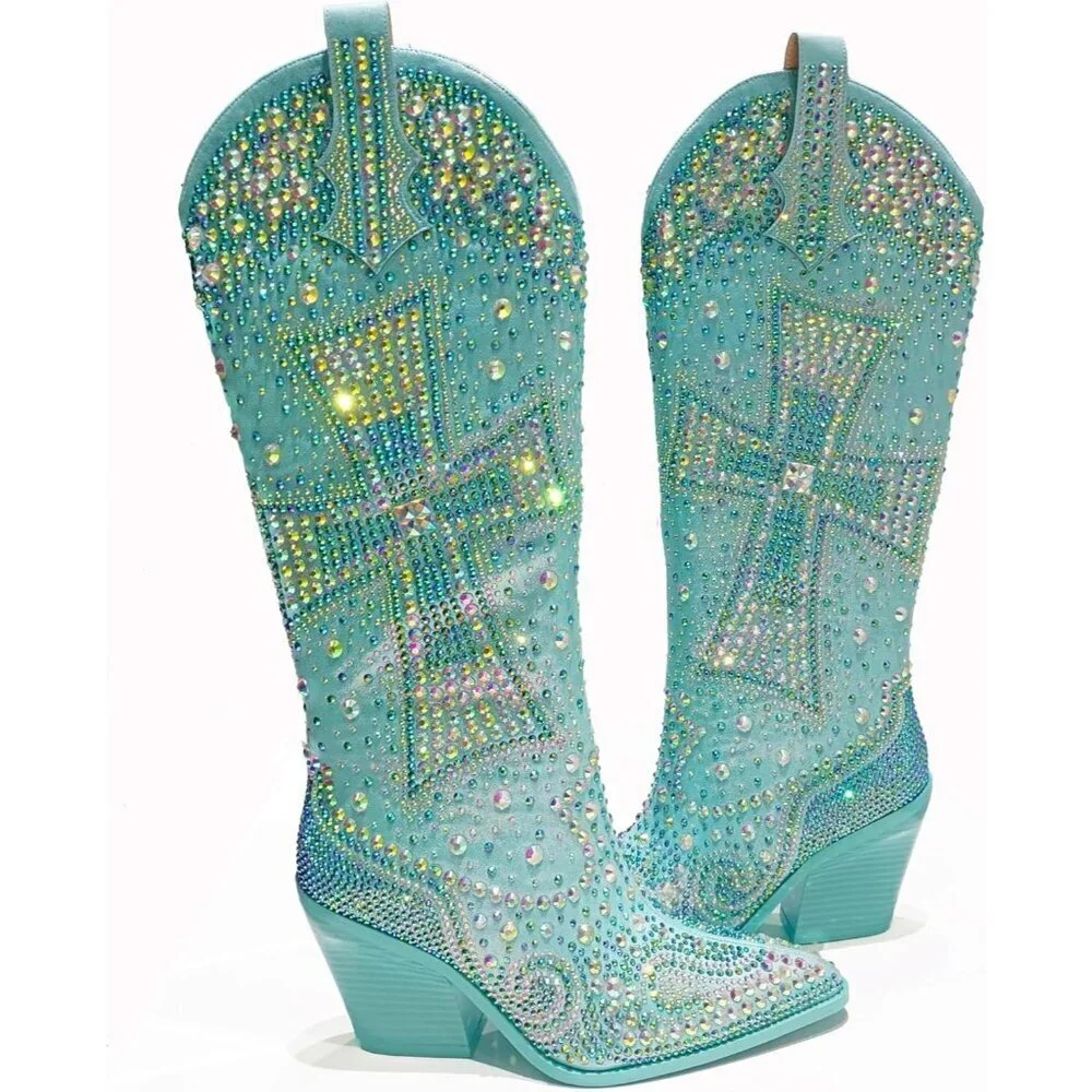 Women's Blue Fashion Rhinestone Cross Western Knee-High Cowboy Boots